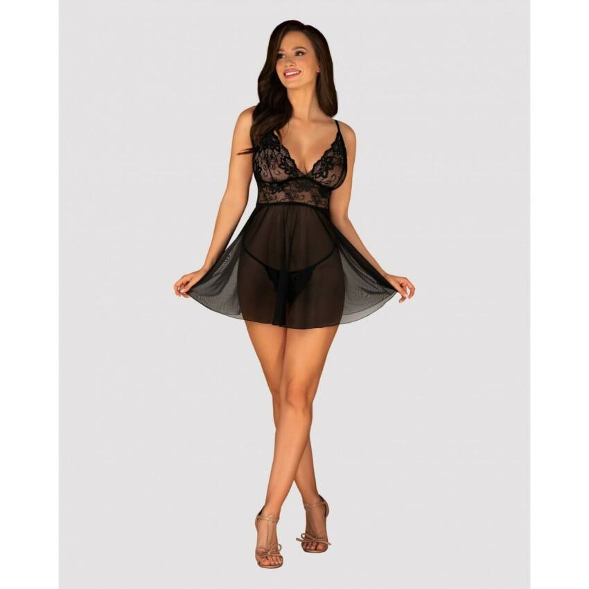 Picardías y Tanga Imperia (L/XL) Obsessive Idillia babydoll Negro - Imagen 2